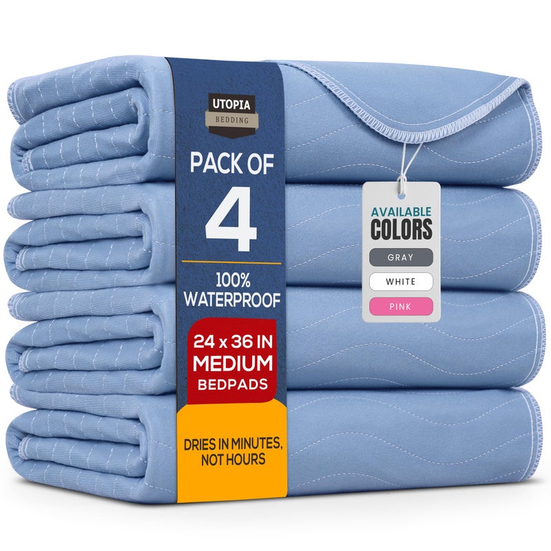 Utopia Bedding Washable Underpads 24" x 36" (Pack of 4), Waterproof Reusable Heavy Absorbency Incontinence Bed Pads for Adults, Kids, Elderly and Pets, Bedwetting Pads for Sofa and Couch (Blue) - Image 1
