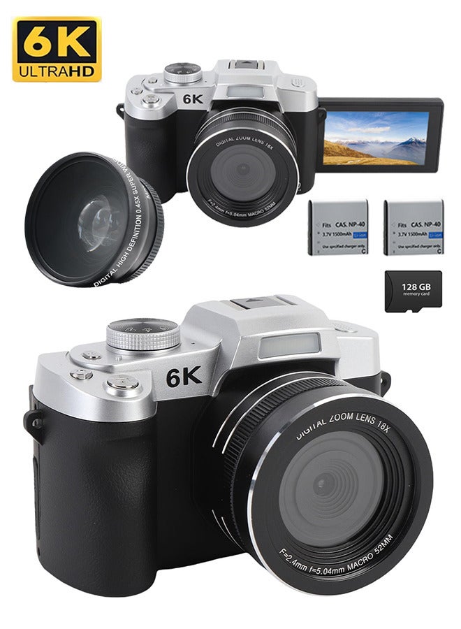 ماركة غير محددة كاميرا رقمية 6K للتصوير الفوتوغرافي والفيديو، كاميرا فيديو UHD بدقة 84 ميجابكسل مع شاشة قلابة 180 درجة مقاس 3 بوصات، تكبير 18 مرة، ضبط تلقائي للصورة، إضاءة LED، كاميرات سفر صغيرة الحجم مزودة بشبكة واي فاي، مع بطاقة TF سعة 128 جيجابايت، بطاريتان، مع عدسة  - Image 1