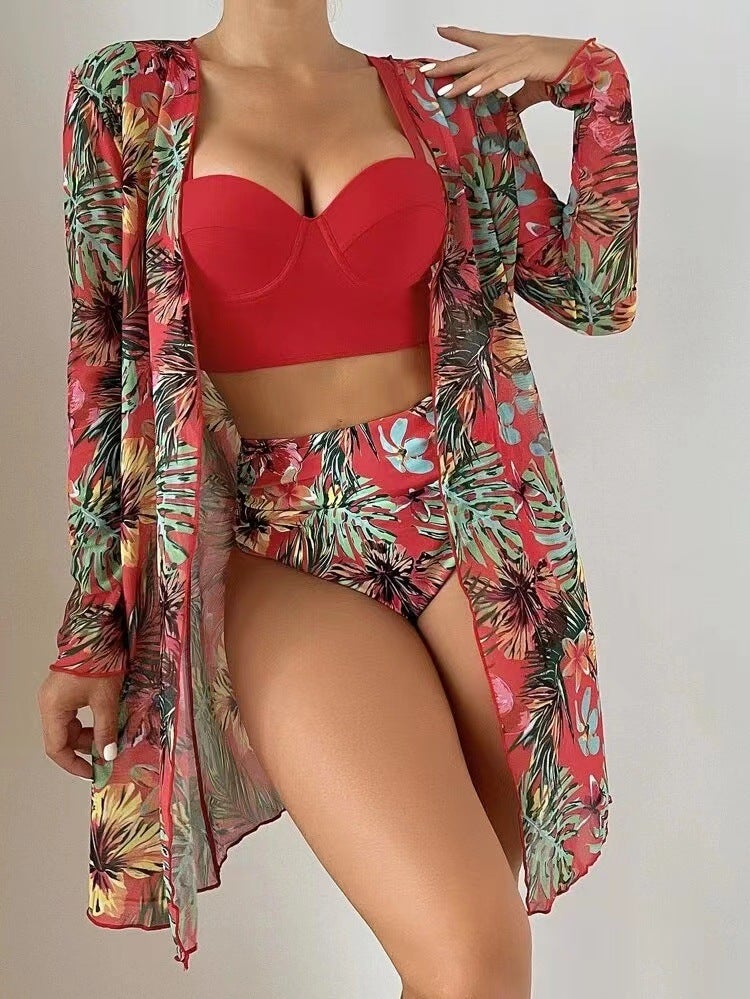 2023 New and Bikini Mesh Three-piece Set Push-up Sexy Split Printed Swimsuit for Women - Image 4