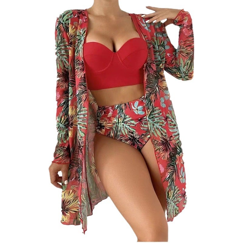 2023 New and Bikini Mesh Three-piece Set Push-up Sexy Split Printed Swimsuit for Women - Image 2