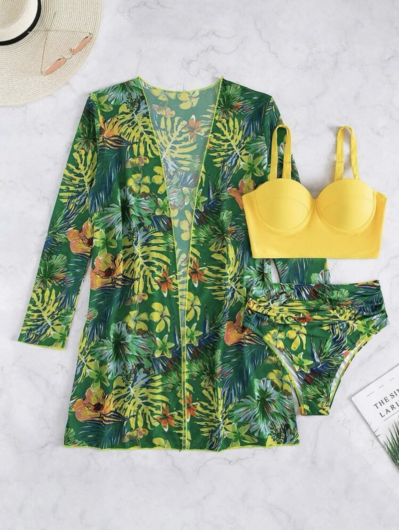 2023 New and Bikini Mesh Three-piece Set Push-up Sexy Split Printed Swimsuit for Women - Image 1