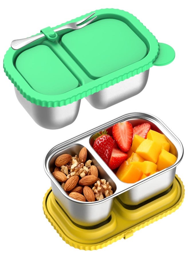 Solldgt Stainless Steel Snack Containers with Silicone Lids, 2 Pack Reusable 2 Compartment Food Storage Containers, Snackle Box Container Leak-Proof Metal Bento Lunch Box for School, Travel, Home - Image 1