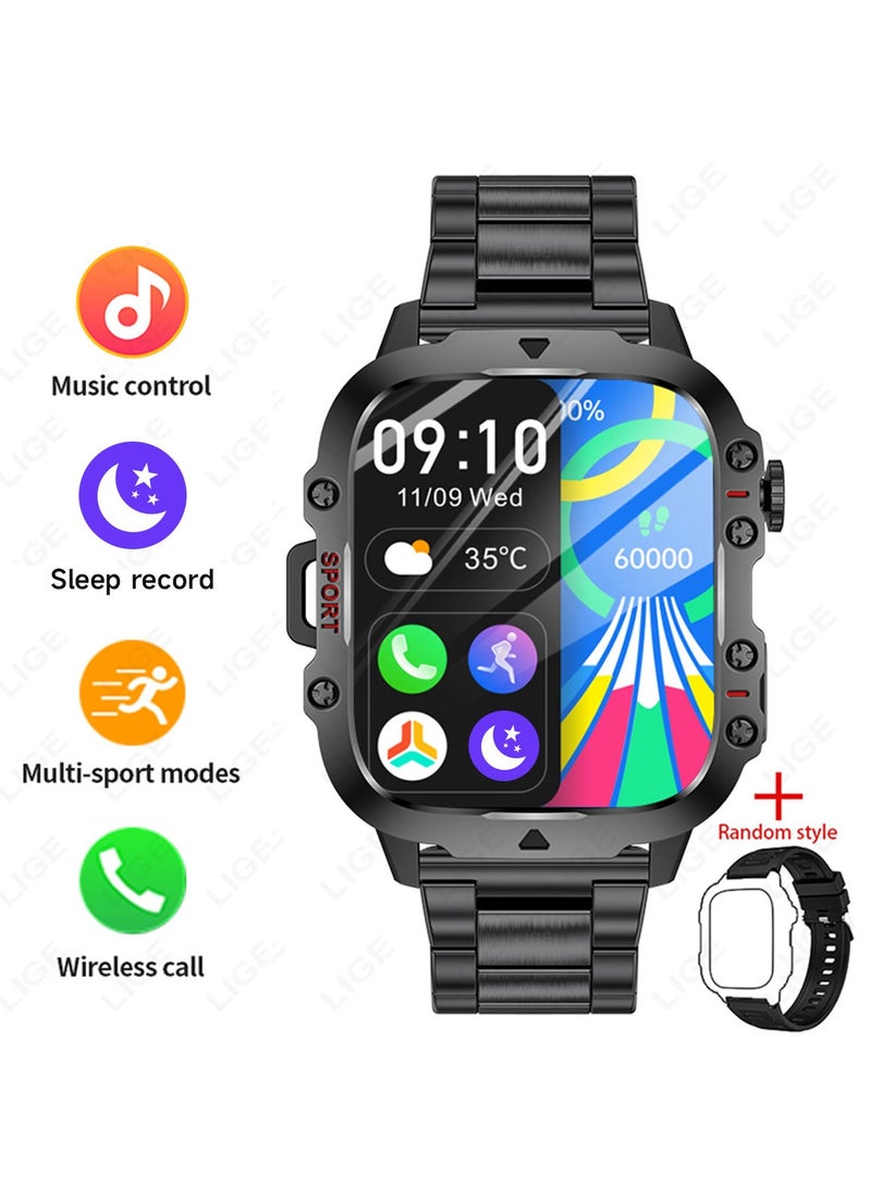 LIGE LIGE 1.96 HD Screen 420 mAh Sports Smart Watch Men Waterproof Bluetooth Calling Health Monitoring 100+ Sports Mode Men Smart Watches Steel Black  - Image 2
