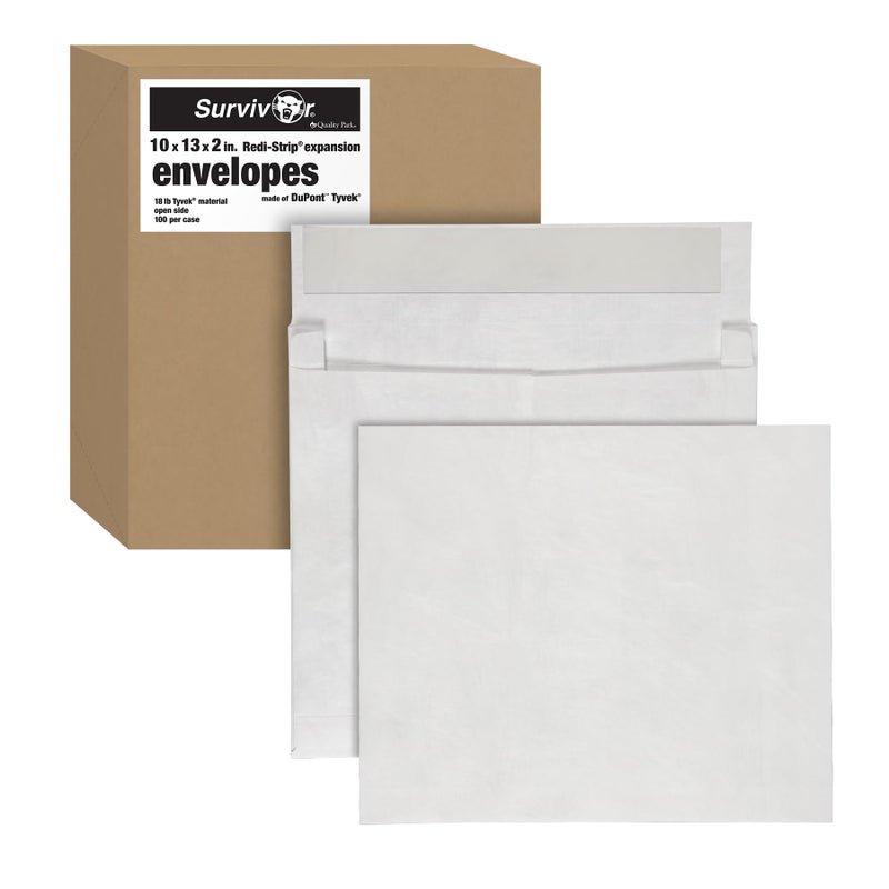 Quality Park Survivor 10 x13 Inch Catalog Envelopes made w/ 14 lb DuPont Tyvek, Expands 2", Peel and Seal Self Seal Closure, White, 100/Box (QUAR4430) - Image 1