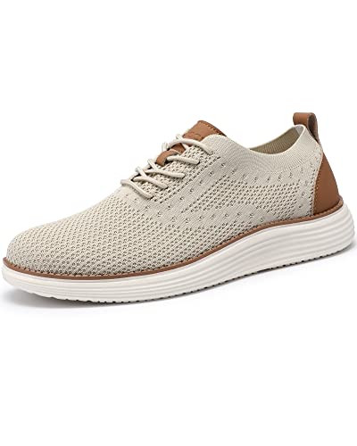 VILOCY Men's Casual Dress Sneakers Oxfords Business Shoes Lace Up Lightweight Comfortable Breathable Walking Knit Mesh Fashion Sneakers Tennis Beige,EU41 - Image 2