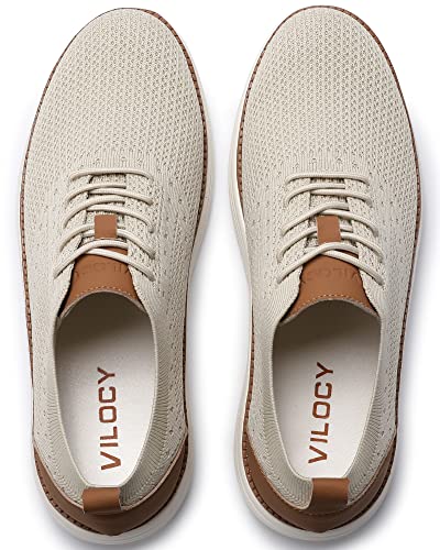 VILOCY Men's Casual Dress Sneakers Oxfords Business Shoes Lace Up Lightweight Comfortable Breathable Walking Knit Mesh Fashion Sneakers Tennis Beige,EU41 - Image 3