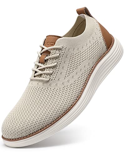 VILOCY Men's Casual Dress Sneakers Oxfords Business Shoes Lace Up Lightweight Comfortable Breathable Walking Knit Mesh Fashion Sneakers Tennis Beige,EU41 - Image 1
