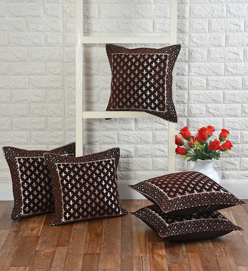 LOOMLYFE Jacquard Geomteric Cushion Covers 16 Inch X 16 Inch Set Of 5 Ethnic Motifs 240 TC Cushion Covers,Design- Star,Color- Coffee - Image 2