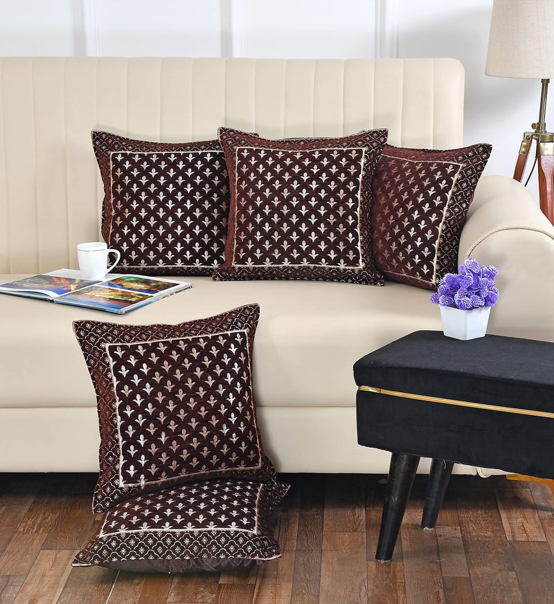 LOOMLYFE Jacquard Geomteric Cushion Covers 16 Inch X 16 Inch Set Of 5 Ethnic Motifs 240 TC Cushion Covers,Design- Star,Color- Coffee - Image 1