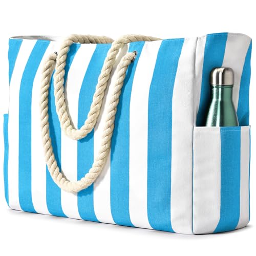 Becokan Beach Bags for Women Pool Bag Waterproof Sandproof Beach Bag Large Beach Swim Bag with Zipper Stripe Beach Bag Tote - Image 1