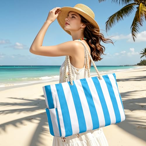 Becokan Beach Bags for Women Pool Bag Waterproof Sandproof Beach Bag Large Beach Swim Bag with Zipper Stripe Beach Bag Tote - Image 3