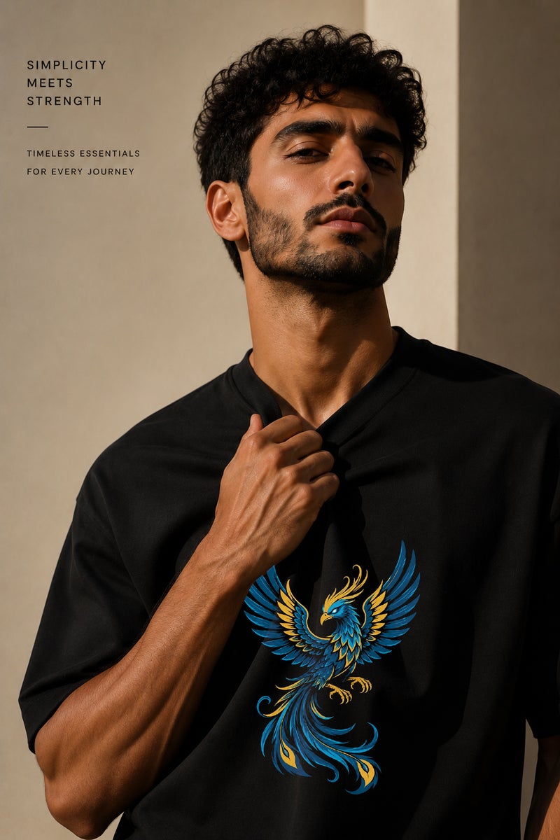 Men's Oversized Black Phoenix Graphic T-Shirt Casual Short Sleeve Crew Neck Streetwear Tee - Image 5