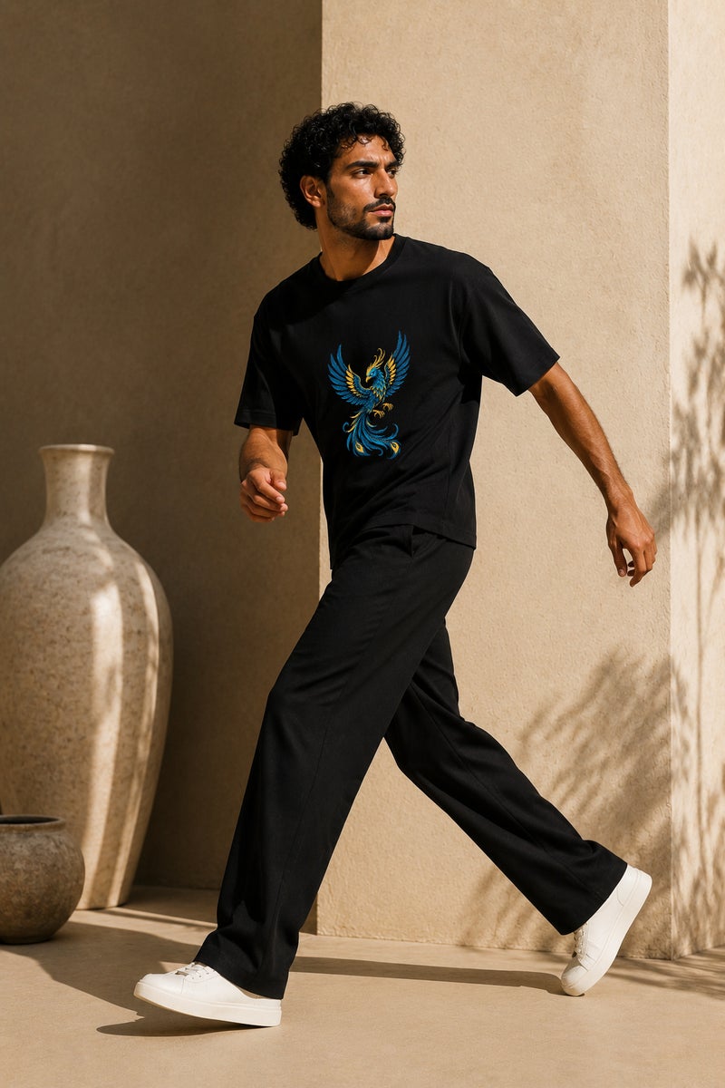Men's Oversized Black Phoenix Graphic T-Shirt Casual Short Sleeve Crew Neck Streetwear Tee - Image 3