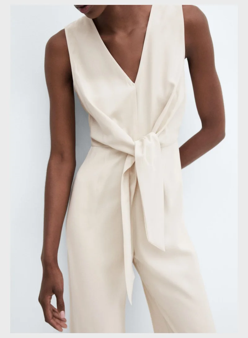 MANGO Belted V-Neck Jumpsuit