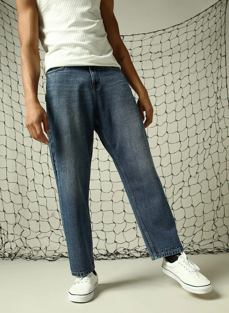 Hubberholme Men's Indigo 100% Cotton Distressed Full Length Loose Fit Jeans
