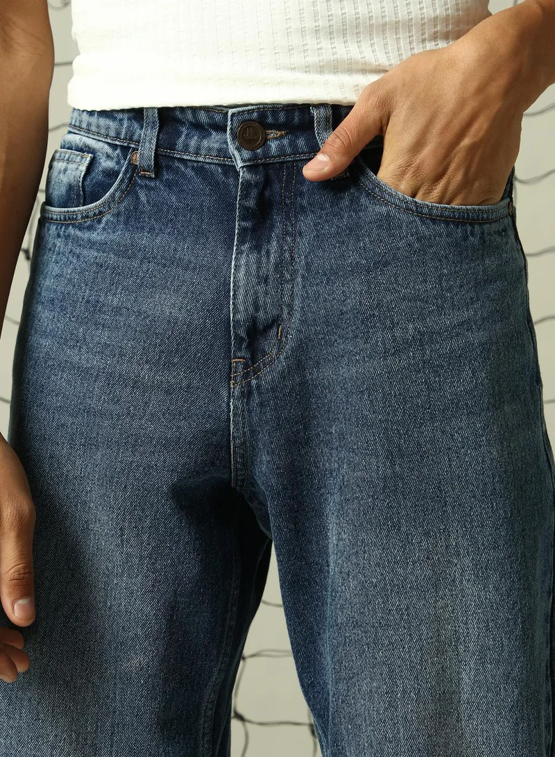 Hubberholme Men's Indigo 100% Cotton Distressed Full Length Loose Fit Jeans