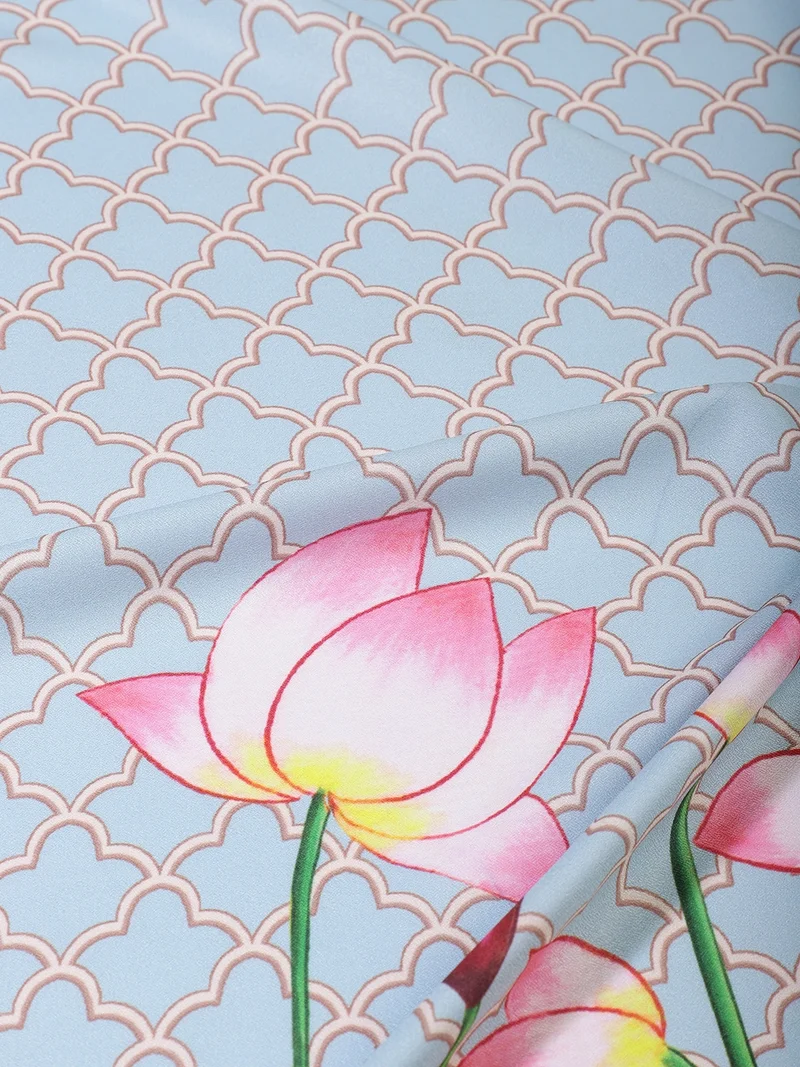أيه كيه إس Light Blue Lotus Print Fabric One Meter