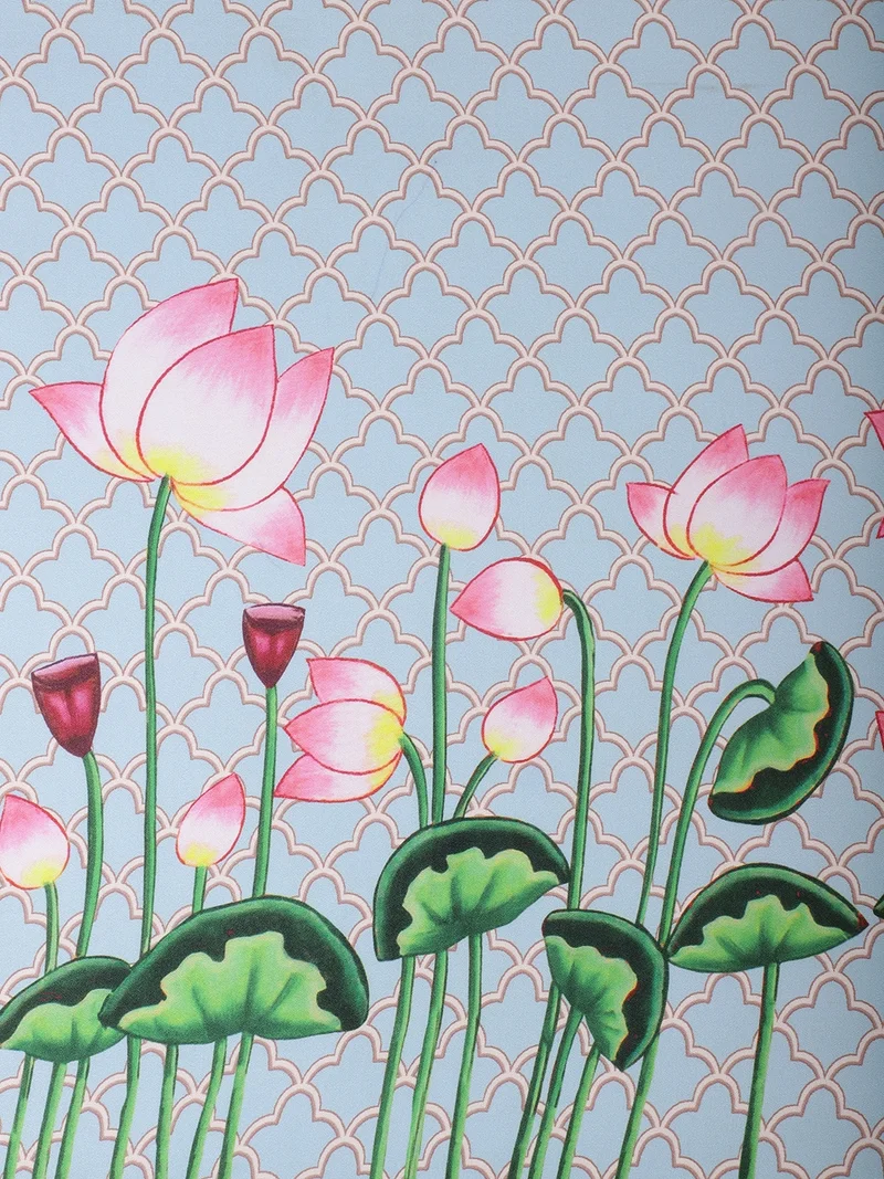 AKS  Light Blue Lotus Print Fabric One Meter  | Best Price UAE