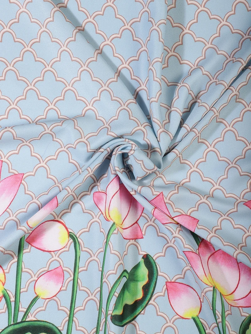 أيه كيه إس Light Blue Lotus Print Fabric One Meter