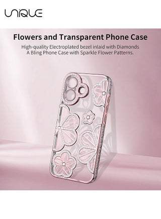 For iPhone 16 Phone Case - Rhinestone Flower Phone Case - Shiny Phone Case - Shockproof Phone Case - TPU Drop Protection - Pink - view 2