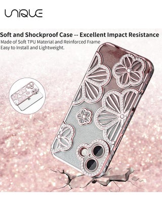 For iPhone 16 Phone Case - Rhinestone Flower Phone Case - Shiny Phone Case - Shockproof Phone Case - TPU Drop Protection - Pink - view 3