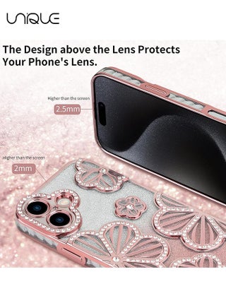 For iPhone 16 Phone Case - Rhinestone Flower Phone Case - Shiny Phone Case - Shockproof Phone Case - TPU Drop Protection - Pink - view 4
