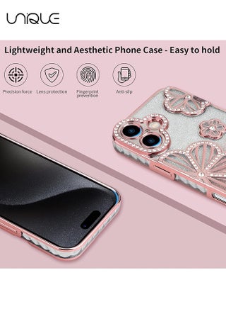 For iPhone 16 Phone Case - Rhinestone Flower Phone Case - Shiny Phone Case - Shockproof Phone Case - TPU Drop Protection - Pink - view 5