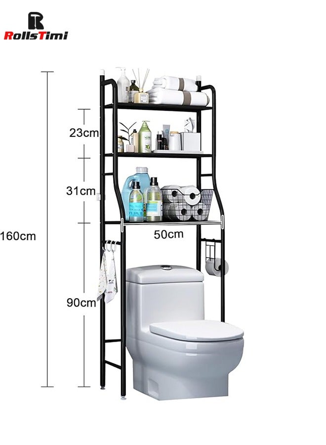 RollsTimi  3-Tier Over The Toilet Rack, Space Saving Metal Standing Organizer, Multi-Functional Bathroom Storage Shelf ,Black - Image 2
