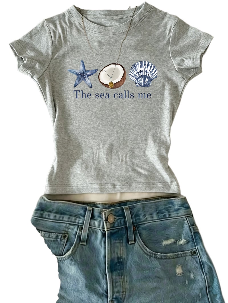 European And American Fashion One - Piece Creative Design Girly Women'S T - Shirt with Starfish, Coconut, And Shell Patterns + The Text \ - Light Gray / XXS - Image 1