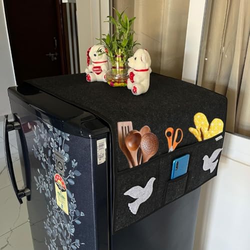 FREDDO Refrigerator/Fridge Top Cover With 5 Pocket and 1 Small Pocket for Mobile (Top Area 23 x 21 inch), Black Color, Pack of 1 Piece - Image 1