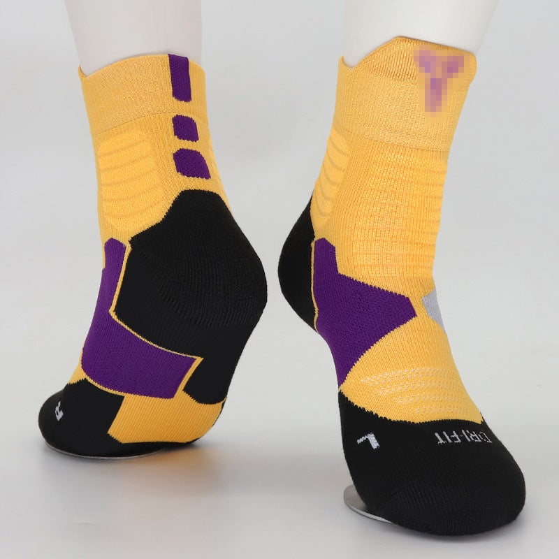Kids High-Top Basketball Socks Elite Cotton Kobe yellow socks purple pattern 