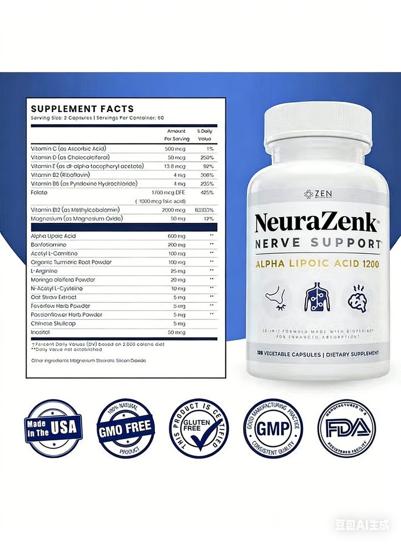 Zen Nutrients Neurazenx - Alpha Lipoic Acid 1200mg, Benfotiamine, L-Carnitine & Turmeric, Nerve Support, 120 Vegetable Capsules - Image 2