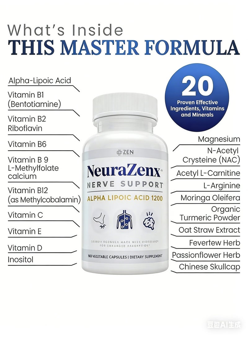 Zen Nutrients Neurazenx - Alpha Lipoic Acid 1200mg, Benfotiamine, L-Carnitine & Turmeric, Nerve Support, 120 Vegetable Capsules - Image 4