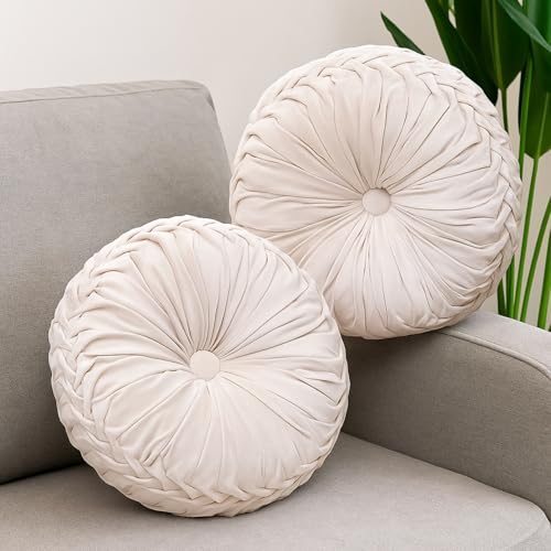 Beeveer 2 Pcs Round Throw Pillows 15 Inch Decorative Velvet Pleated Pumpkin Pillows Boho Floor Pillow with Center Button for Living Room Couch Chair Bed Sofa Home Decoration Ivory - Image 1