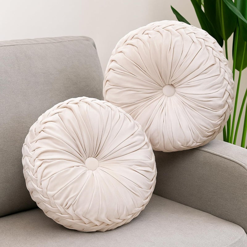 Beeveer 2 Pcs Round Throw Pillows 15 Inch Decorative Velvet Pleated Pumpkin Pillows Boho Floor Pillow with Center Button for Living Room Couch Chair Bed Sofa Home Decoration Ivory - Image 2
