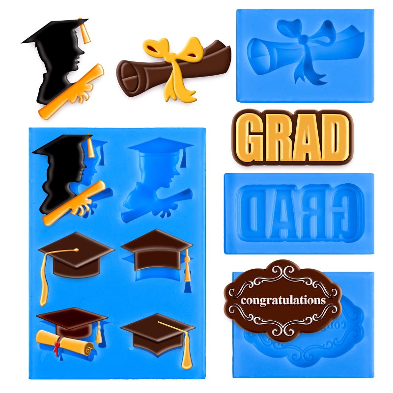 Whaline 4 Pack 2025 Graduation Fondant Molds Silicone Graduation Cap Diploma Mould Congrats Grad Congratulations Candy Chocolate Mould for Grad Party Soap Jelly Cake Cupcake Topper Decoration Blue