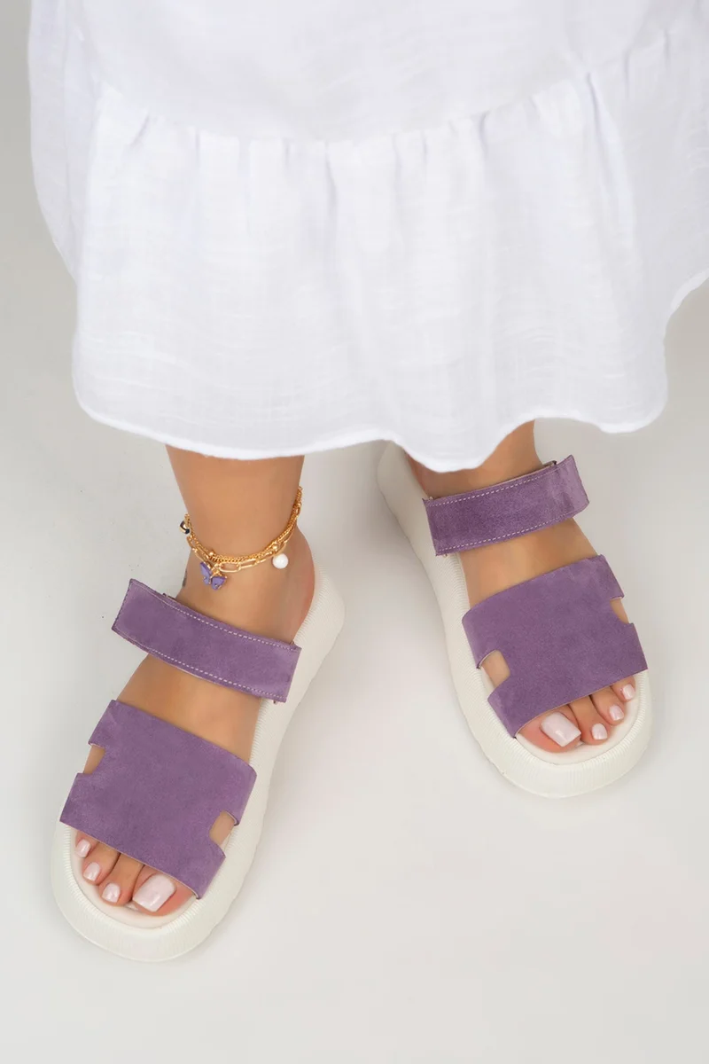 Manijero Manijero Seina Women's Genuine Leather Velcro Slippers, Lilac