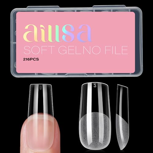 AILLSA Medium Square Nail Tips Full Cover Half Matte Tips Nail Clear Gelly Pre-Shaped Nail Tips Press On False Nail Tip Extension for Home DIY Manicure Salon 216PCS 12 Sizes - Image 1