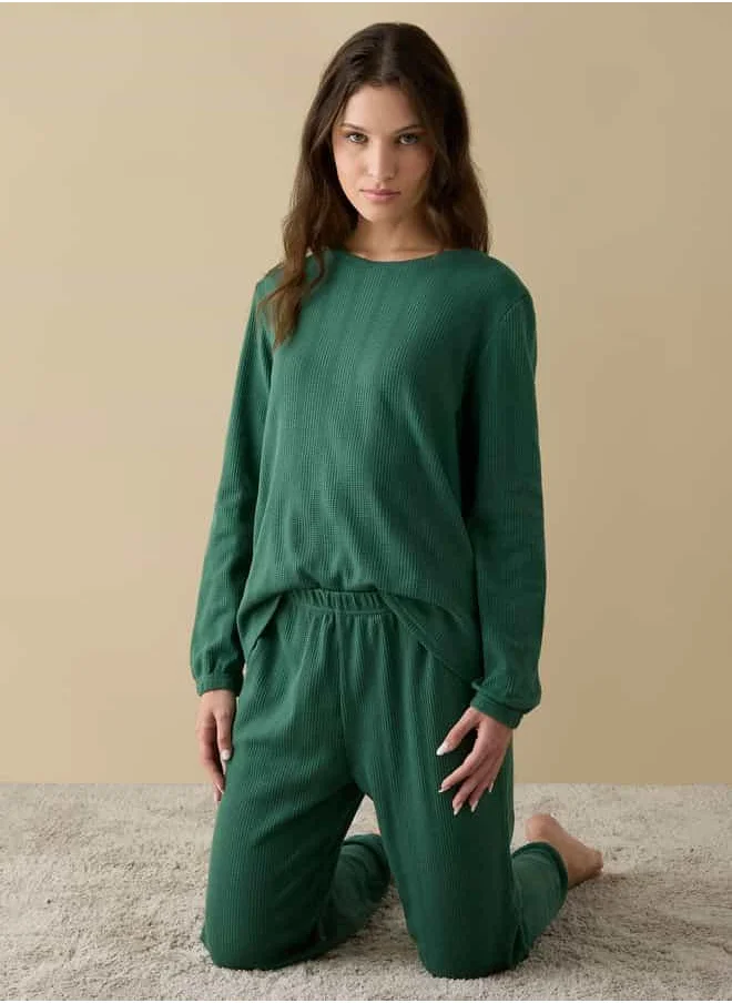 FAV Waffle Textured Long Sleeve T-shirt and Elastciated Pyjama Set