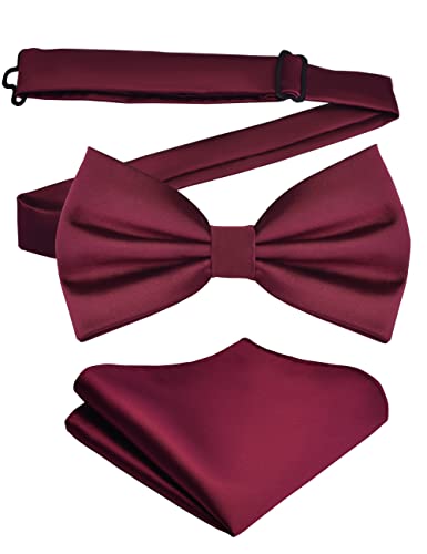 Branduce Mens Burgundy Bow Tie and Pocket Square Set for Wedding Silk Wine Red Pre-tied Bow tie Handkerchief (BB01-01) - Image 1