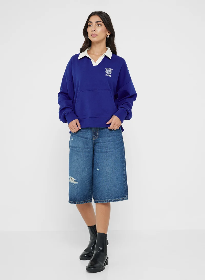 Guess Jeans Contrast Polo Neck Logo Detail Sweatshirt