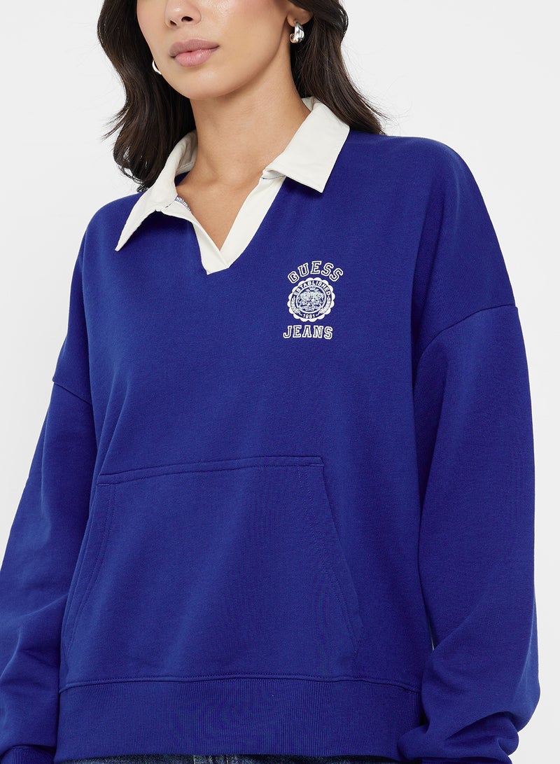 GUESS Contrast Polo Neck Logo Detail Sweatshirt - Image 3