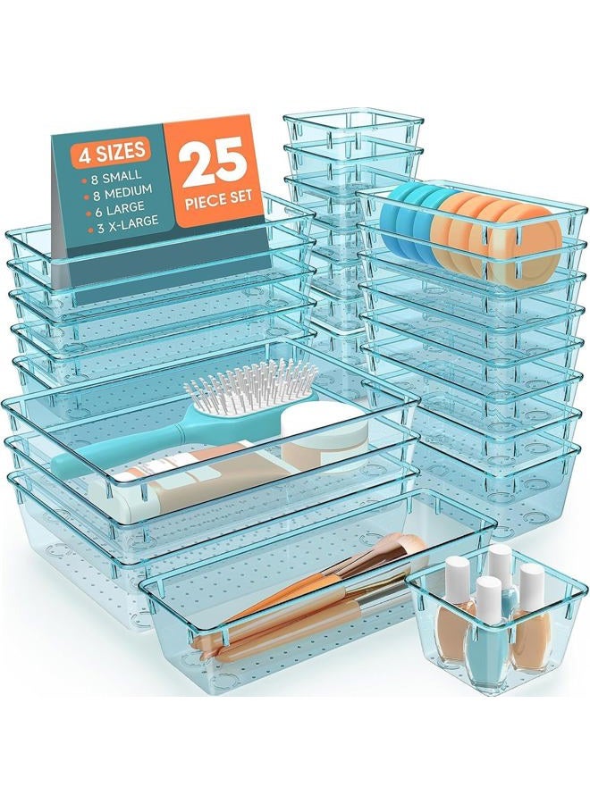 SpaceHacks 25 PCS Plastic Drawer Organizer Set, 4-Size Versatile Organizer Trays & Storage Bins for Makeup, Jewelry, and Gadgets in Bathroom, Bedroom and Office, Sea Blue - Image 1