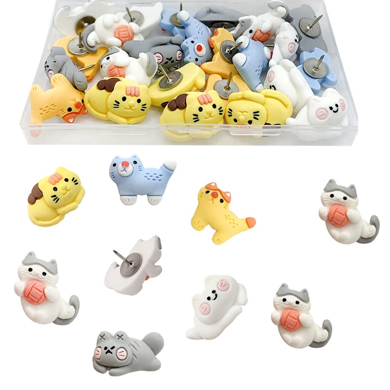 LLDYNW 30 pcs Cat Push Pins Cute Thumbtacks Cartoon Pushpins for Cork Board Photo Memo Paper Menu Maps Drawing Pins
