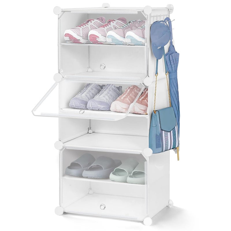 ABOUT SPACE Shoe Rack for Home with Door 16 Pair DIY Slipper Stand with Hanger 4 Cube Expandable Shelves Closed Shoes Rack for Home Men Women Heels Boots FlipFlops White L40 X B30 x H120 cm - Image 1
