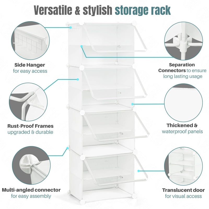 ABOUT SPACE Shoe Rack for Home with Door 16 Pair DIY Slipper Stand with Hanger 4 Cube Expandable Shelves Closed Shoes Rack for Home Men Women Heels Boots FlipFlops White L40 X B30 x H120 cm - Image 3