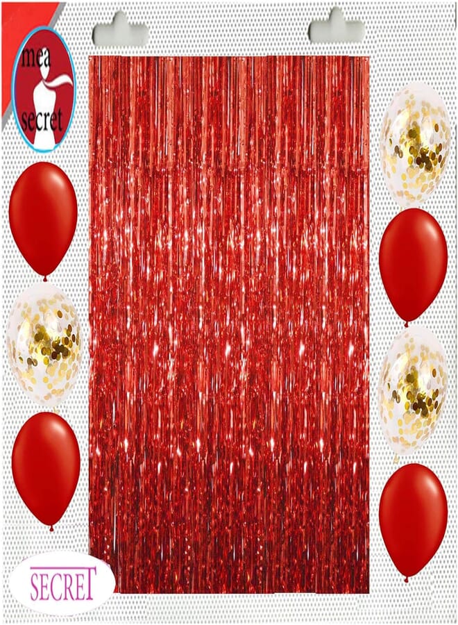 secret red foil curtain , gold confetti , & red latex balloon