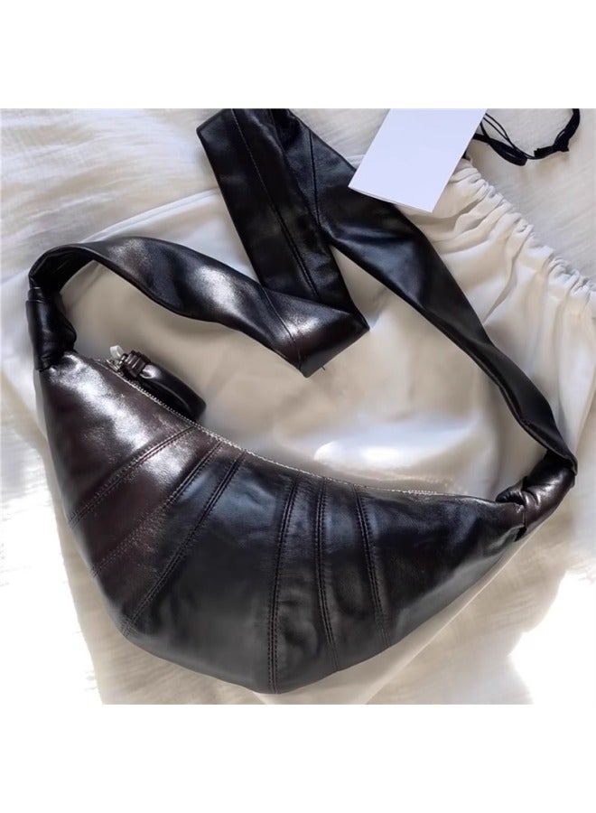 Genuine Leather Croissant Bag Women's 2025 Top Layer Sheepskin Niche Waist Bag Single Shoulder Crossbody Chest Bag Can Praise Dumpling Bag-Colour:Brown  - Image 2