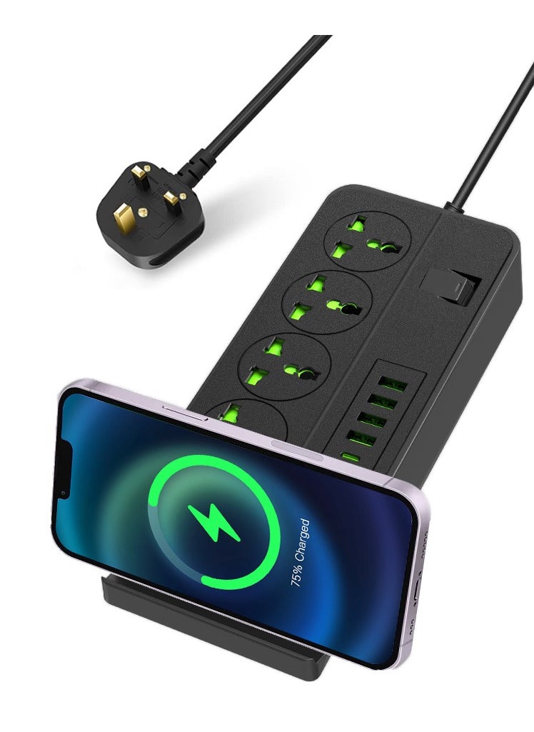 اكسيسن شريط طاقة مزود بحامل شحن لاسلكي، مقبس طاقة مع 4 منافذ USB ومنفذين من النوع C، 4 منافذ تيار متردد، سلك تمديد 2 متر، محطة شحن واقي من زيادة التيار للمنزل، المكتب، السفر  - Image 1