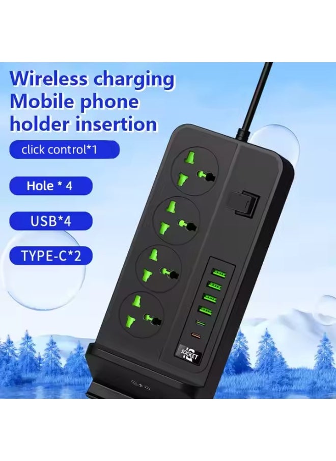 اكسيسن شريط طاقة مزود بحامل شحن لاسلكي، مقبس طاقة مع 4 منافذ USB ومنفذين من النوع C، 4 منافذ تيار متردد، سلك تمديد 2 متر، محطة شحن واقي من زيادة التيار للمنزل، المكتب، السفر  - Image 4